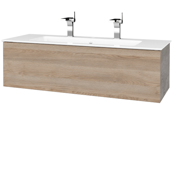 Waschtischunterschrank FLAT SZZ 120 (Waschtisch Pura mit 2 Hahnlöchern)  - D01 Beton - D17 Eiche Colorado