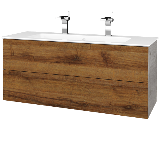 Waschtischunterschrank FLAT SZZ2 120 (Waschtisch Pura mit 2 Hahnlöchern)  - D01 Beton - D27 Cognac