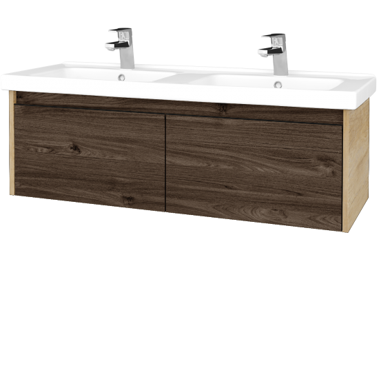 Waschtischunterschrank LOGI SZZ2 125 (Waschtisch Harmonia 125)  - D15 Eiche Nebraska - Griffes T33 - D25 Teak