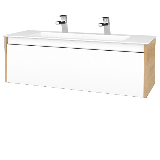 Waschtischunterschrank LOGI SZZ 120 (Waschtisch Pura 120 mit 2 Hahnlöchern)  - D15 Eiche Nebraska - N01 Weiß Hochglanz