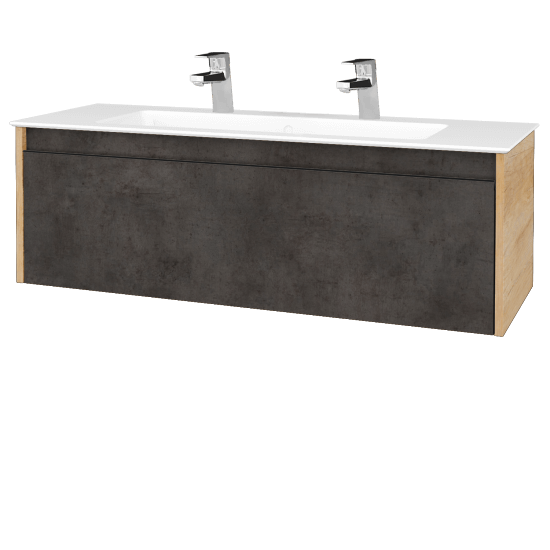 Waschtischunterschrank LOGI SZZ 120 (Waschtisch Pura 120 mit 2 Hahnlöchern)  - D15 Eiche Nebraska - Griffes T33 - D16 Dark Beton