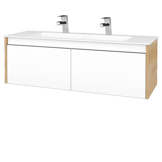 Waschtischunterschrank LOGI SZZ2 120 (Waschtisch Pura 120 mit 2 Hahnlöchern)  - D15 Eiche Nebraska - N01 Weiß Hochglanz