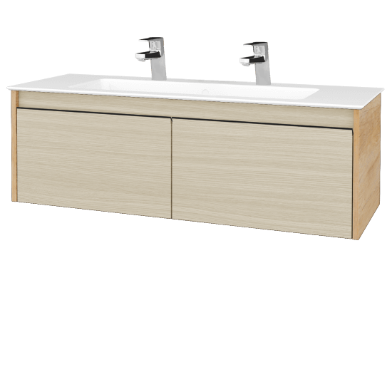 Waschtischunterschrank LOGI SZZ2 120 (Waschtisch Pura 120 mit 2 Hahnlöchern)  - D15 Eiche Nebraska - Griffes T33 - D04 Eiche