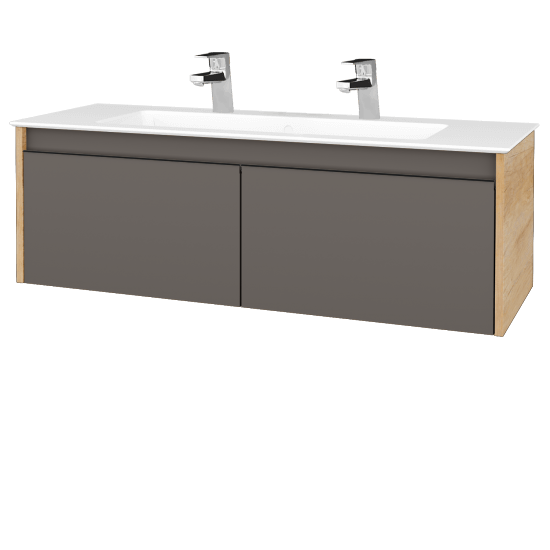 Waschtischunterschrank LOGI SZZ2 120 (Waschtisch Pura 120 mit 2 Hahnlöchern)  - D15 Eiche Nebraska - Griffes T33 - N06 Lava