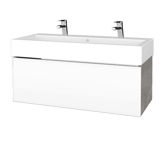 Waschtischunterschrank FLAT SZZ 100 (Waschtisch Duravit Vero mit 2 Hahnlöchern)  - D01 Beton - L01 Weiß Lack Hochglanz