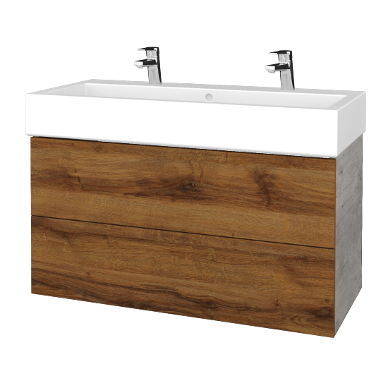 Waschtischunterschrank FLAT SZZ2 100 (Waschtisch Duravit Vero mit 2 Hahnlöchern)  - D01 Beton - D27 Cognac