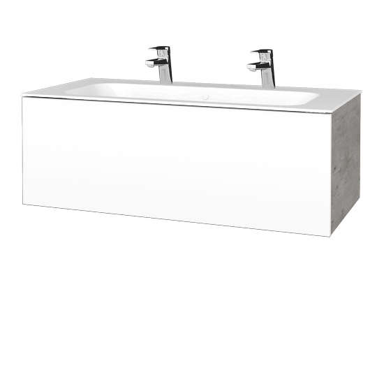 Waschtischunterschrank FLAT SZZ 100 (Waschtisch Finion mit 2 Hahnlöchern)  - D01 Beton - L01 Weiß Lack Hochglanz
