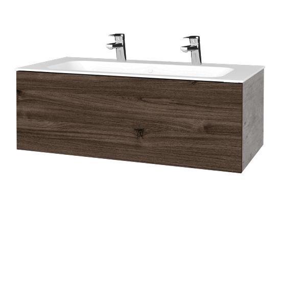 Waschtischunterschrank FLAT SZZ 100 (Waschtisch Finion mit 2 Hahnlöchern)  - D01 Beton - D25 Teak