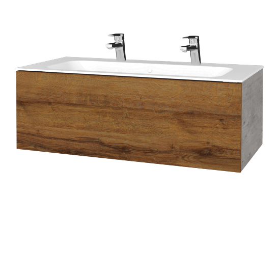 Waschtischunterschrank FLAT SZZ 100 (Waschtisch Finion mit 2 Hahnlöchern)  - D01 Beton - D27 Cognac