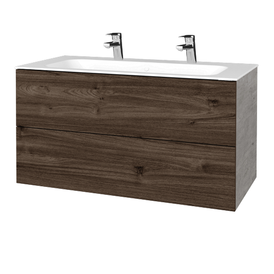 Waschtischunterschrank FLAT SZZ2 100 (Waschtisch Finion mit 2 Hahnlöchern)  - D01 Beton - D25 Teak