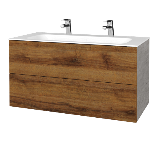 Waschtischunterschrank FLAT SZZ2 100 (Waschtisch Finion mit 2 Hahnlöchern)  - D01 Beton - D27 Cognac