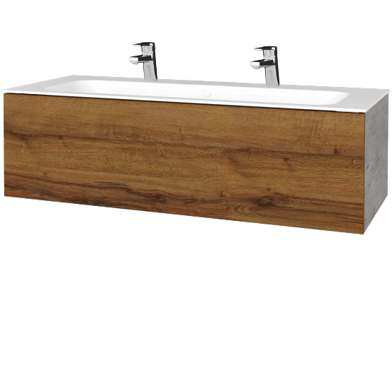 Waschtischunterschrank FLAT SZZ 120 (Waschtisch Finion mit 2 Hahnlöchern)  - D01 Beton - D27 Cognac