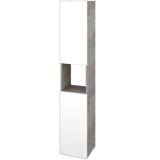 Hochschrank UNI SVD2O 35  - D01 Beton - Grifflose Ausführung T00 (ohne Bohrungen für Griffe) - N01 Weiß Hochglanz - Links