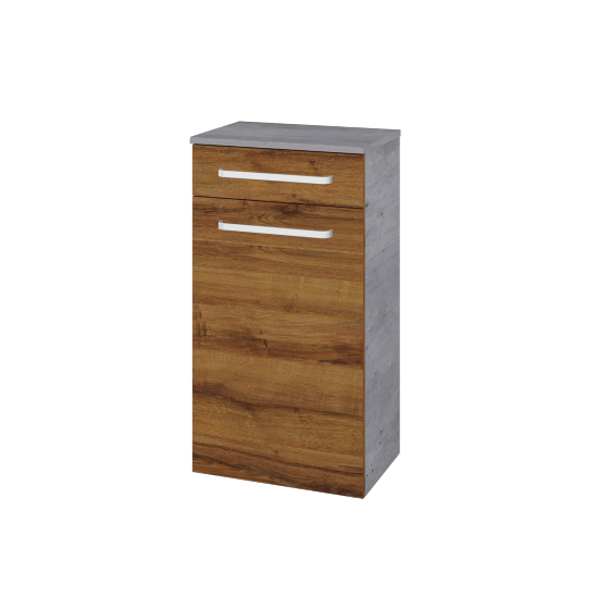 Niedriger Schrank mit Wäschekorb UNI SNDKZ 50  - D01 Beton - Griffes T01 - D27 Cognac